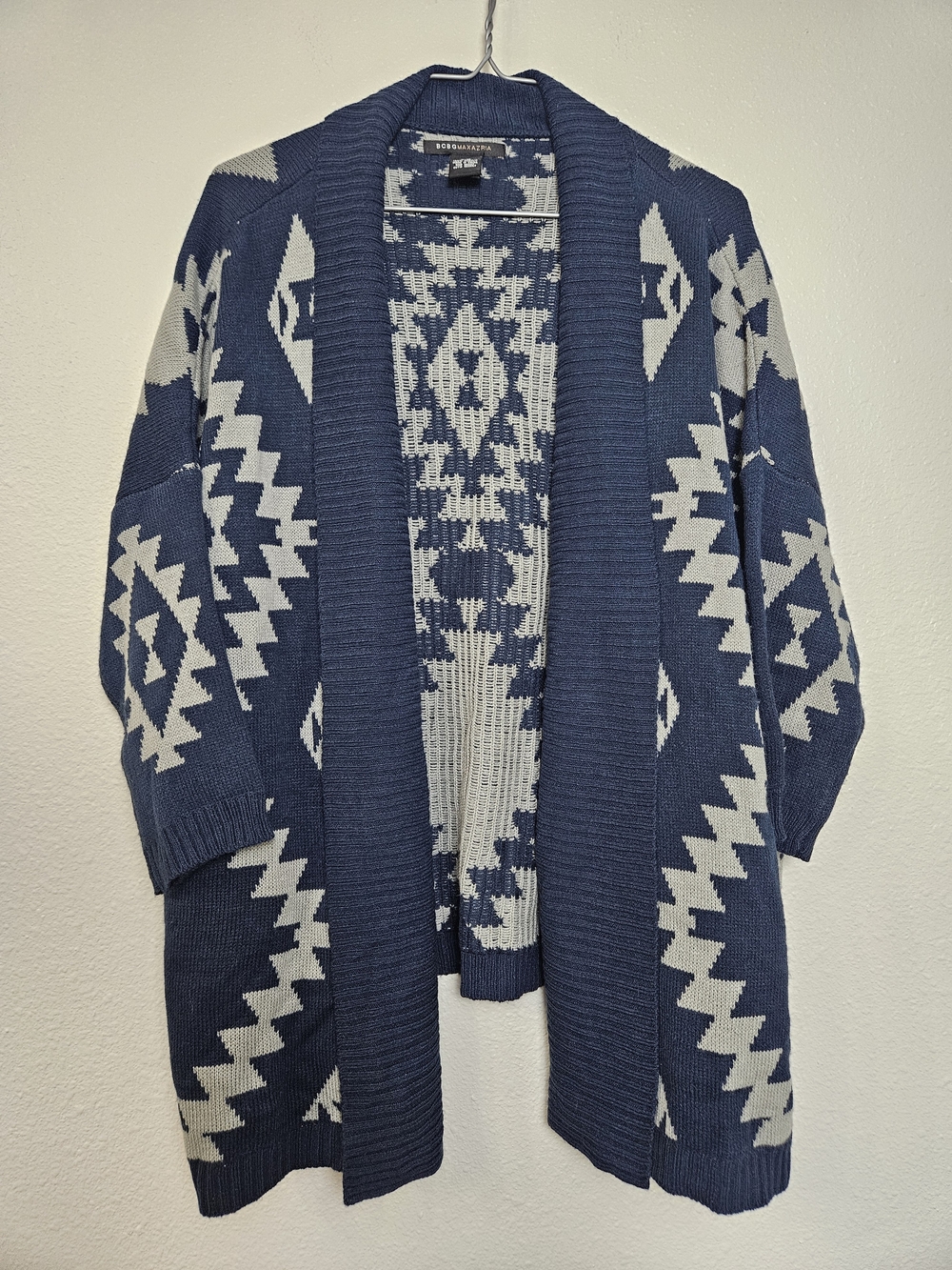 BCBGMaxAzria Navy and Grey Aztec Open-Front Cardigan Size S/M